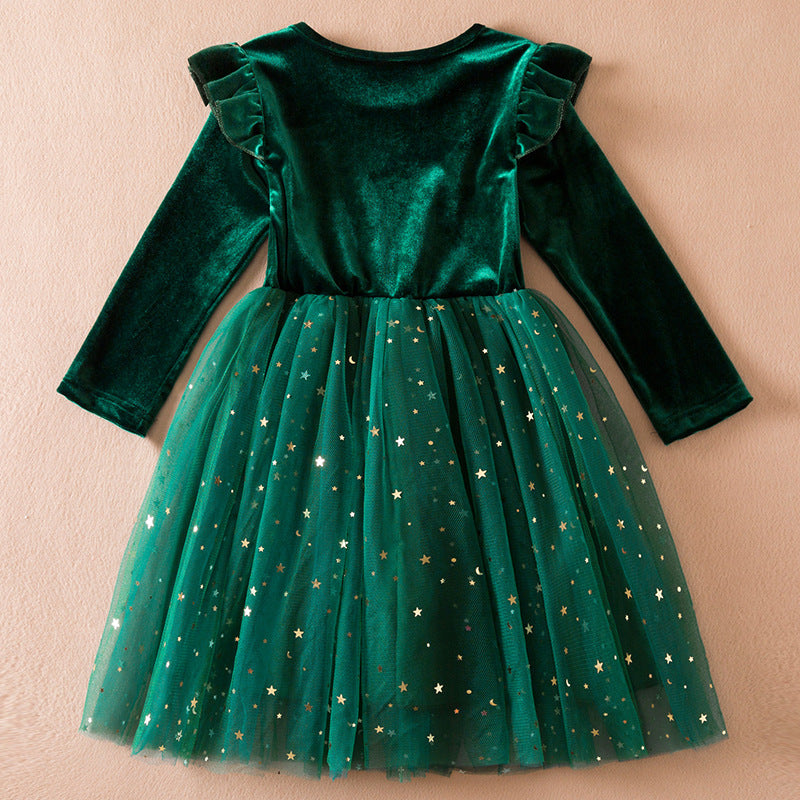 Wholesale Christmas Children's Long Sleeved Star Sequin Mesh Cotton Dresses